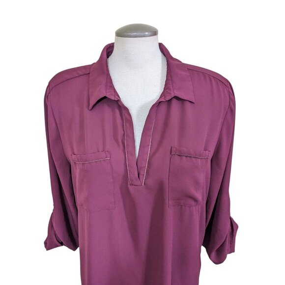 MARIE CLAIRE BOUTIQUES Sheer V Neck Blouse Tunic Womens XL Burgundy Red Roll Tab - Picture 2 of 7